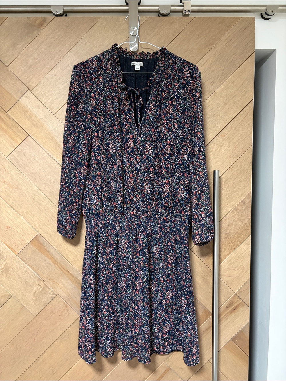 Navy Floral Tie-Neck Long Sleeve Dress